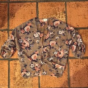 Pins and Needles Sheer Floral Tie-Front Women’s Top - Taupe with Pink Roses